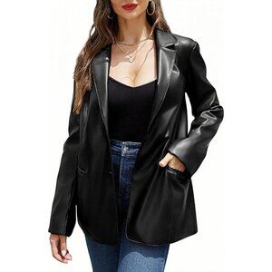 🆕 Women Black Faux Leather Blazer Jackets Spring Fashion Vegan Button Down Coat